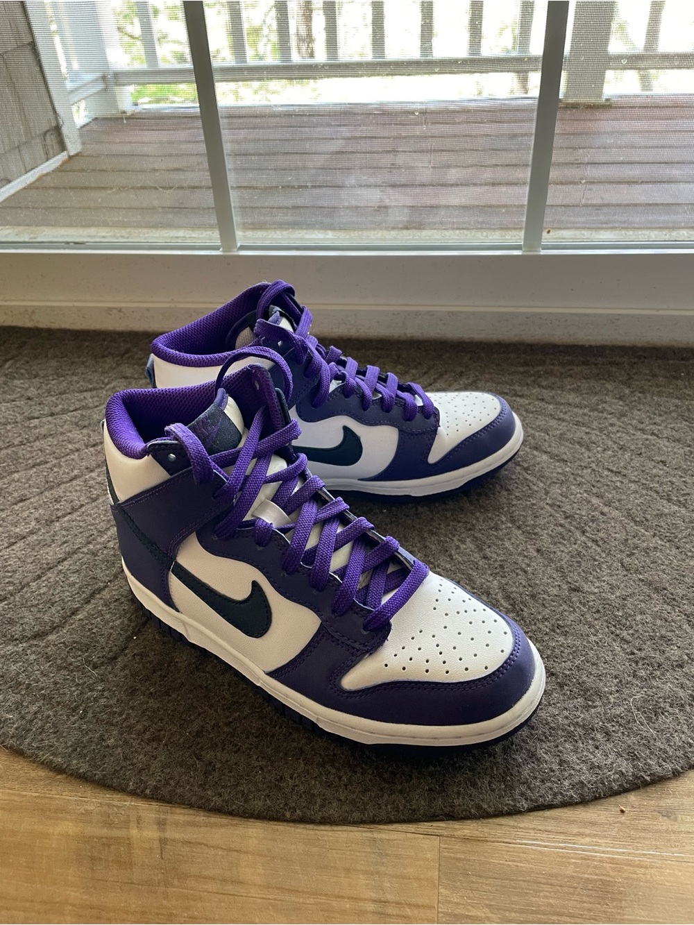 Nike Purple and White High-Top Sneakers with Black Swoosh